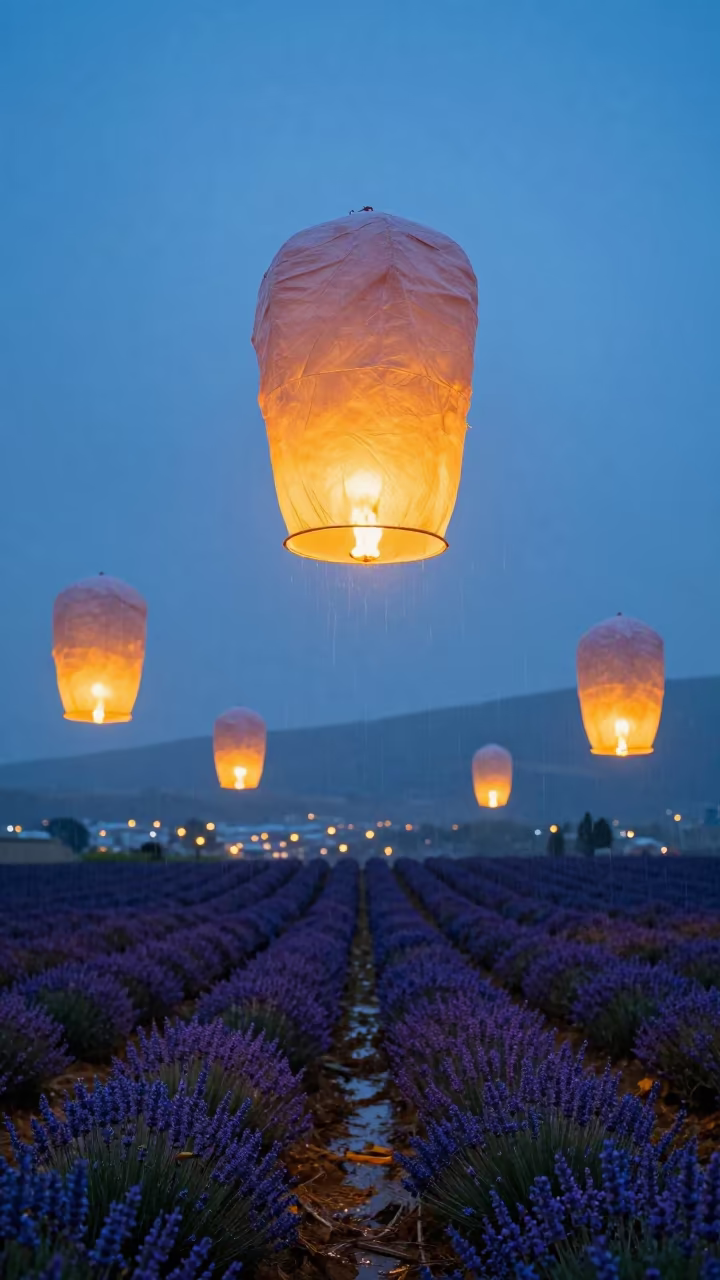 Lavender Rows Under Giant Floating Lanterns in in Georgia