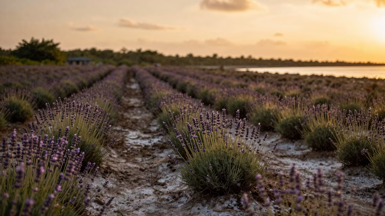 Lavender Rows Along Maldives Cliff Edge in along a salt-sprayed cliff edge in Maldives