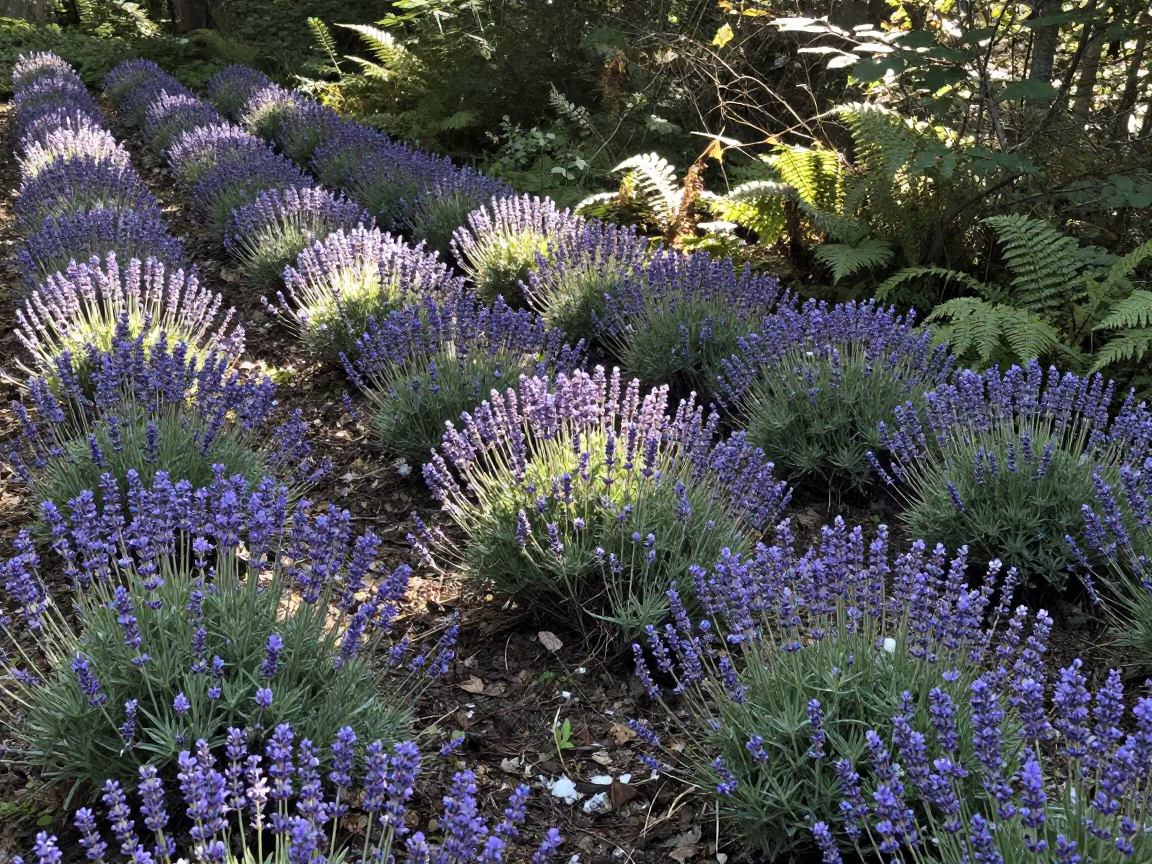 Lavender Rows Amid Snow in New Brunswick Forest in on a fern-lined forest floor in New Brunswick