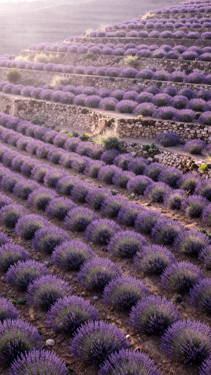 Lavender Rows Above Terraced Hills Near Muscat in far above terraced hillsides near Muscat