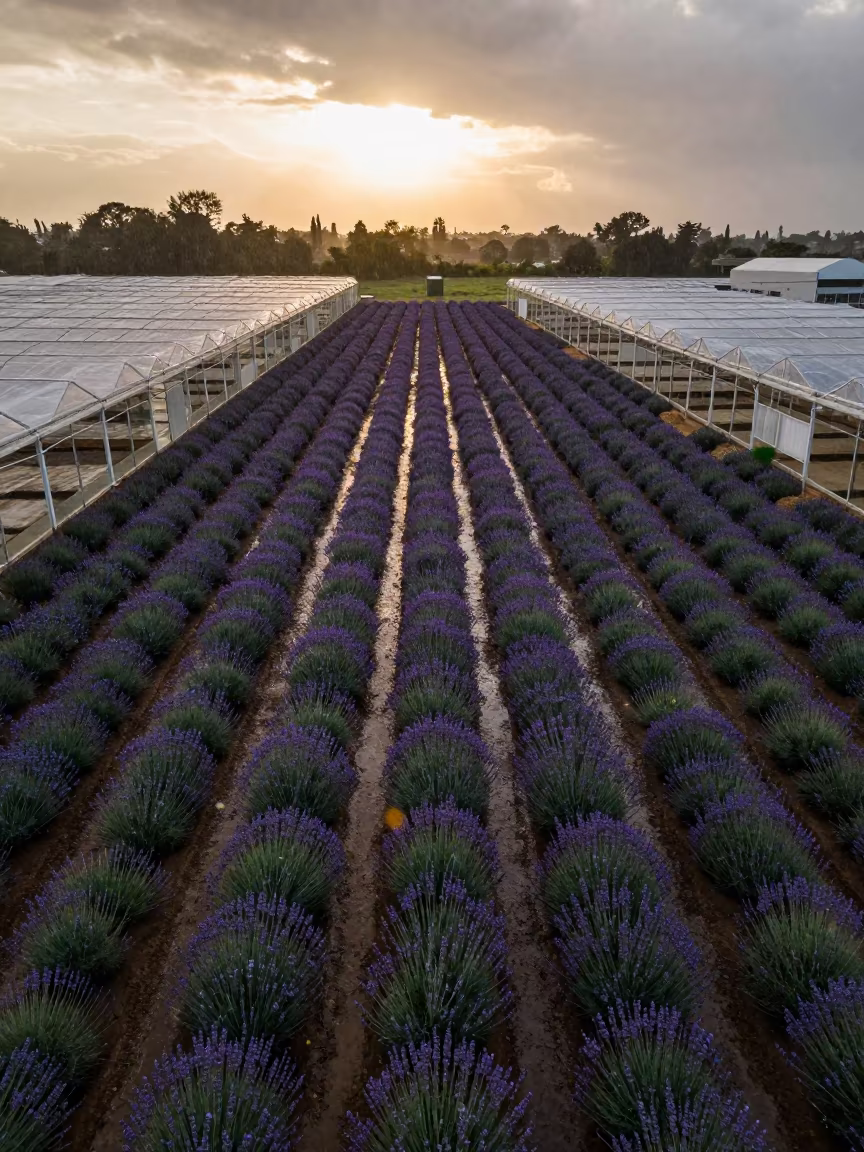 Lavender Rows Under Rain Near Khartoum in high over greenhouse grids near Khartoum