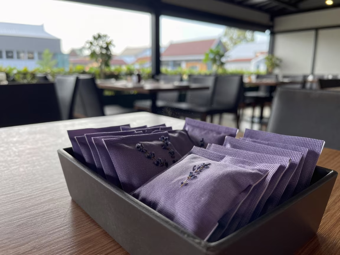 Lavender Sachet Bin in Bangkok Banquet Hall in inside a banquet hall before service near Bangkok