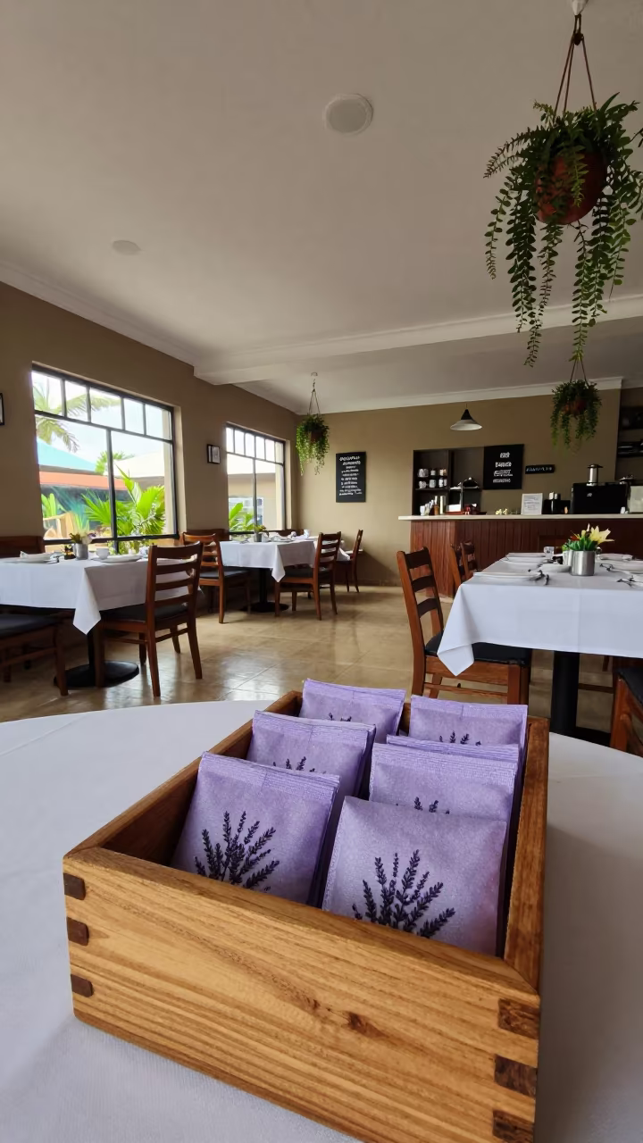 Lavender Sachet Bin in Dar es Salaam Breakfast Room in inside a breakfast room before opening near Dar es Salaam