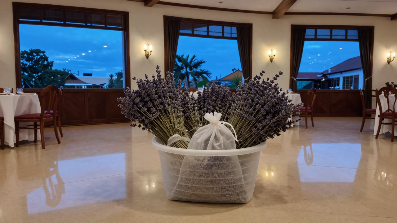 Lavender Sachet Bin in Phnom Penh Banquet Hall in inside a banquet hall before service in Phnom Penh
