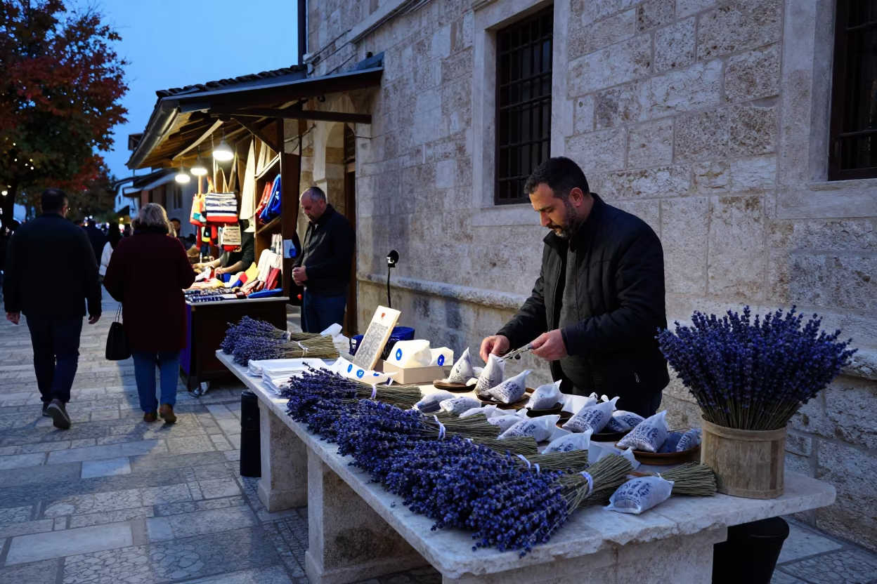 Lavender Sachets on Gjirokastar Market Table in at a textile trader's stall in Gjirokaster