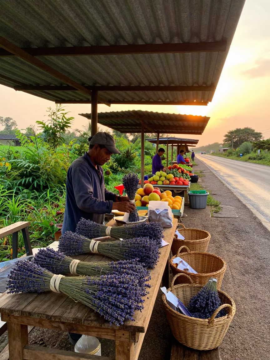 Lavender Sachets Vendor at Sunset Market Table in at a roadside fruit stand in San Fernando de Apure