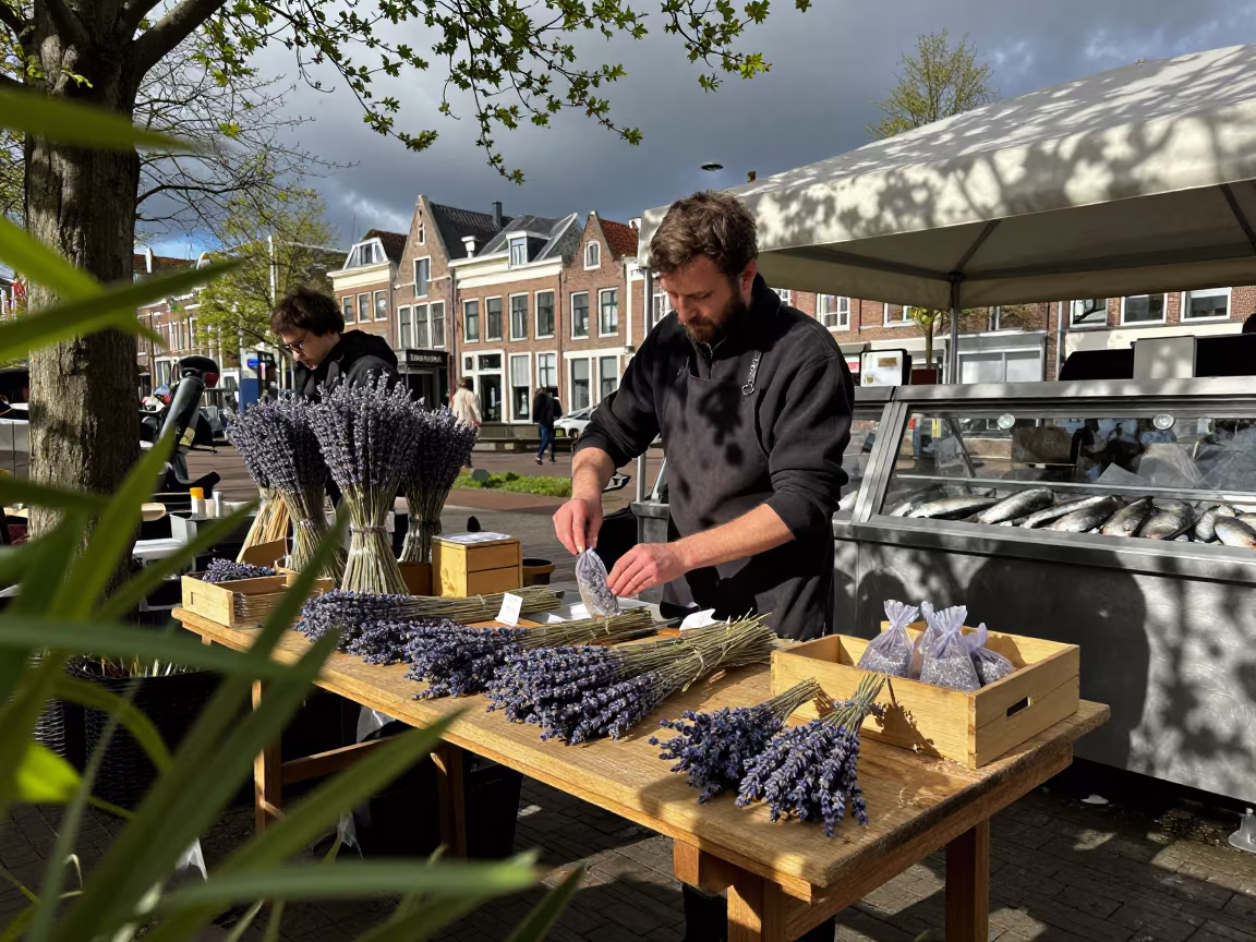 Lavender Vendor at Utrecht Market Table in beside a fish counter in Utrecht