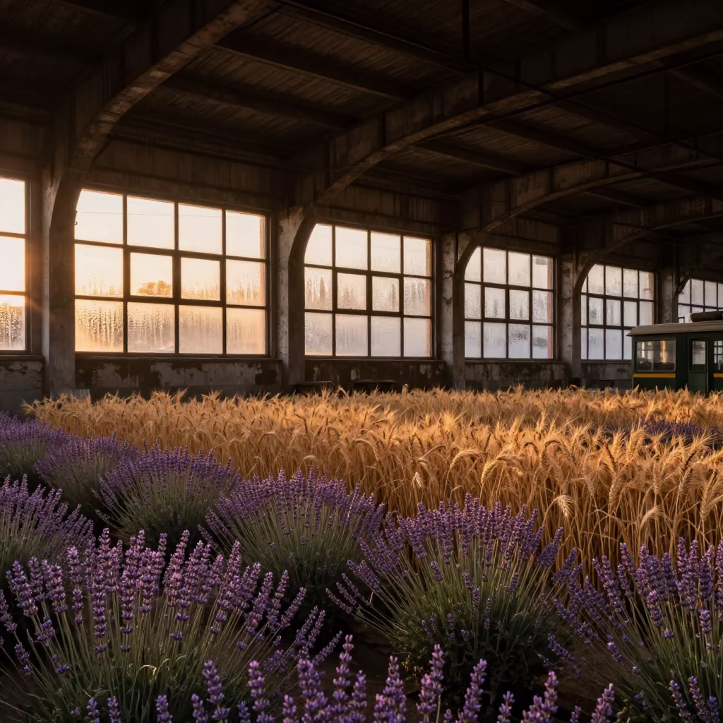 Lavender and Wheat Border in Beijing Terminal in inside a restored train terminal near Beijing
