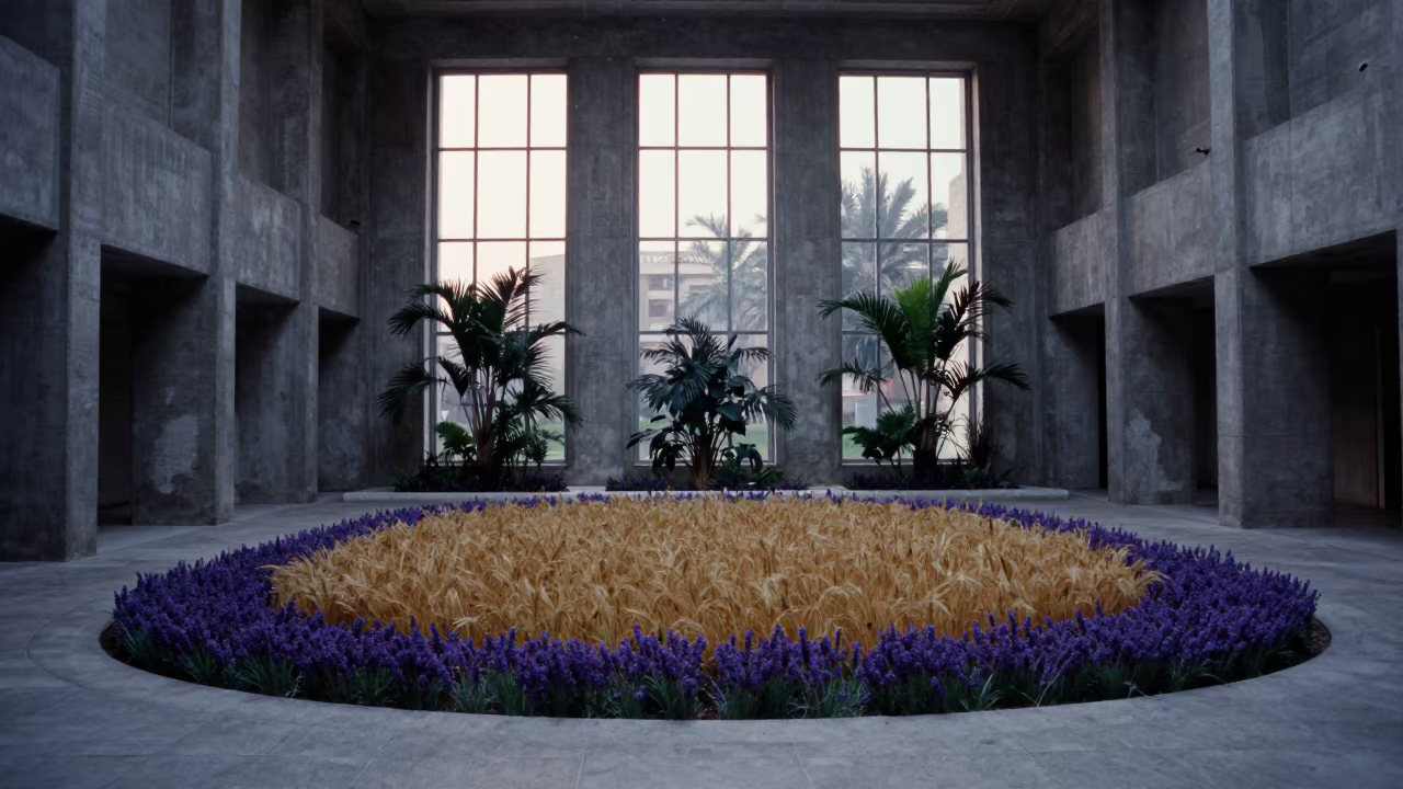 Lavender Wheat Border in Concrete Lobby in inside a ribbed concrete lobby in Damietta