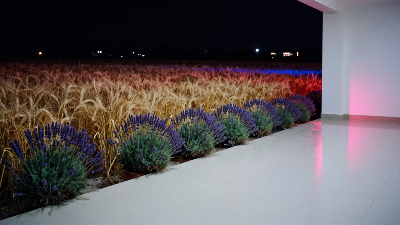 Lavender Wheat Border Neon Tiled Hall Night in inside a tiled stair hall in Santiago de Querétaro