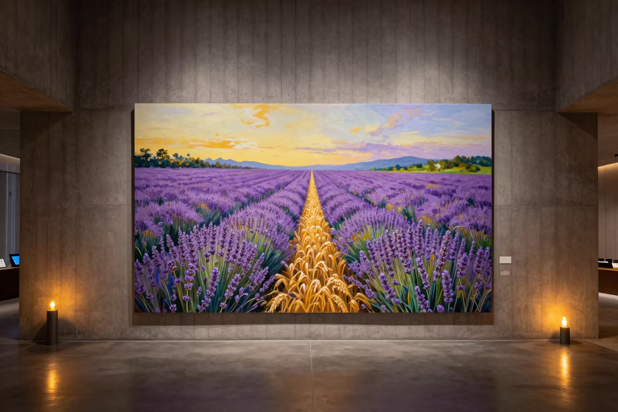 Lavender Wheat Field Abstract in Nara Lobby in inside a ribbed concrete lobby in Nara