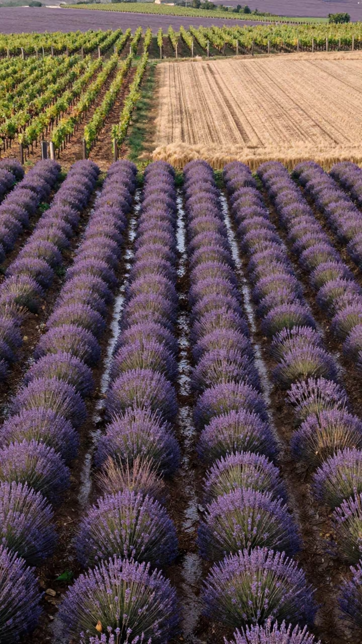 Lavender Wheat Striped Fields Liguria in between vineyard trellises in Liguria