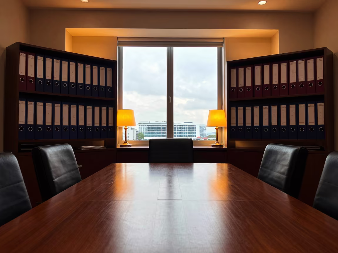 Law Office Binders Under Warm Sidelight in at a boardroom table before a meeting in Clarke Quay, Singapore