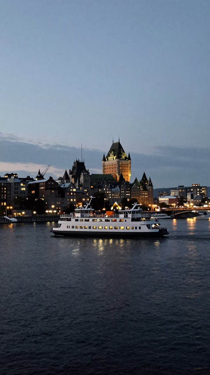 Lawrence River in Quebec City at As City Lights Begin To Glow in in Quebec City, Quebec, Canada