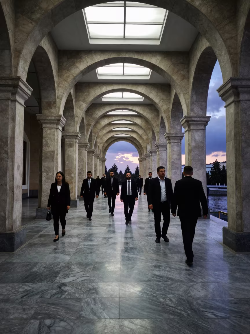 Lawyers Under Skylight at Twilight Courthouse Stairwell in inside a council chamber in Daşoguz