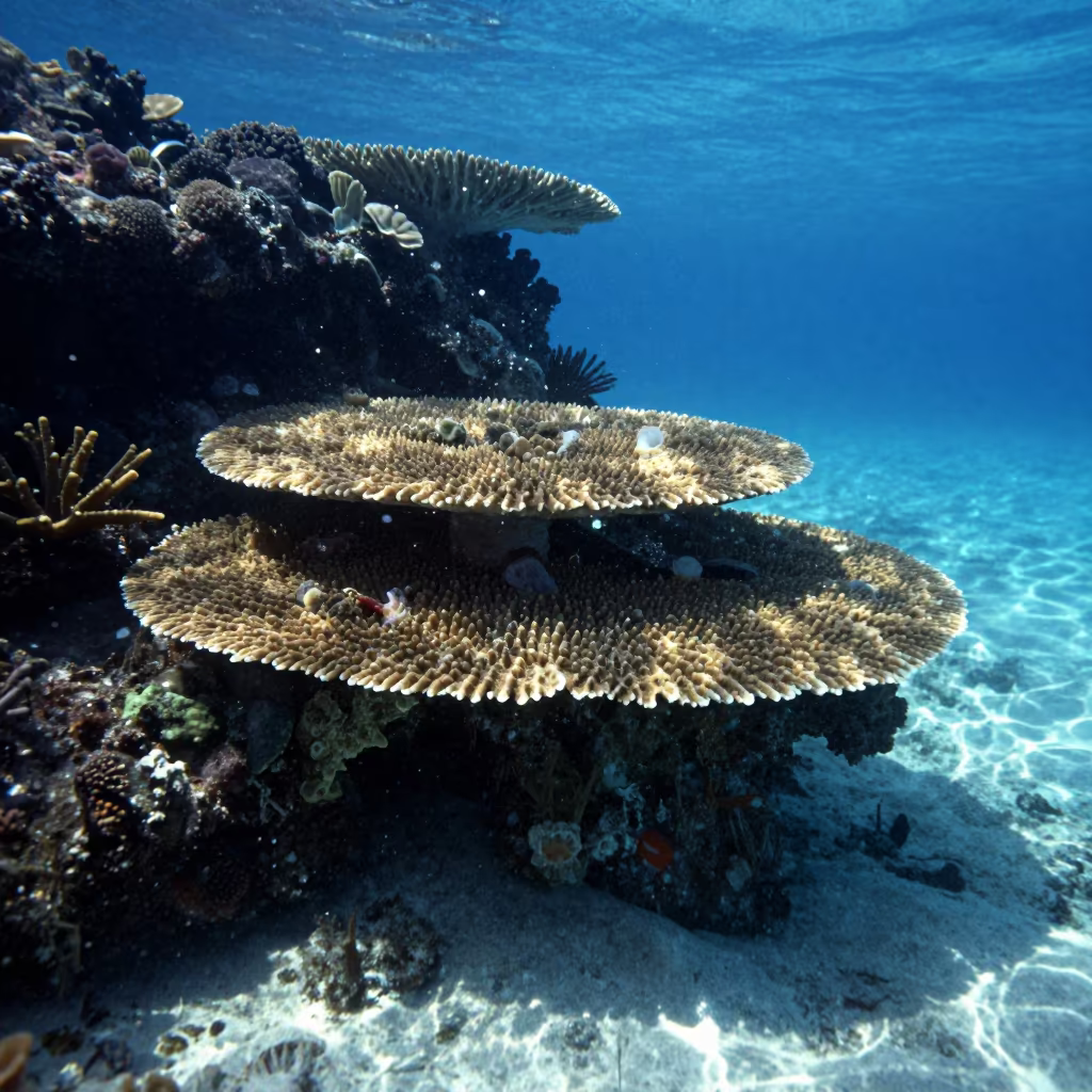 Layered Giant Table Corals Near Volcanic Reef in beside a volcanic reef overhang near Stone Town