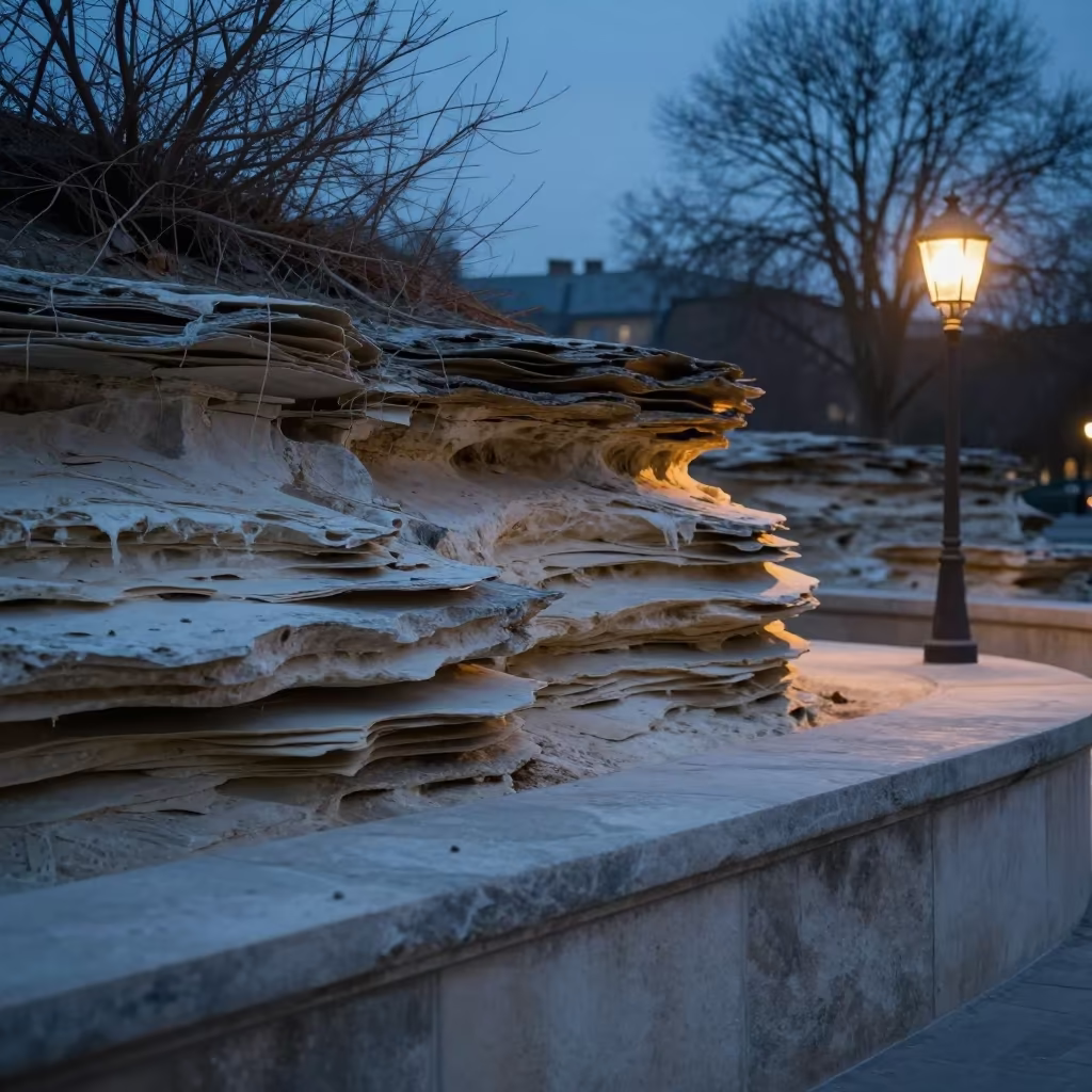 Layered Limestone Pancake Rock Twilight in on a stone ledge near Paris