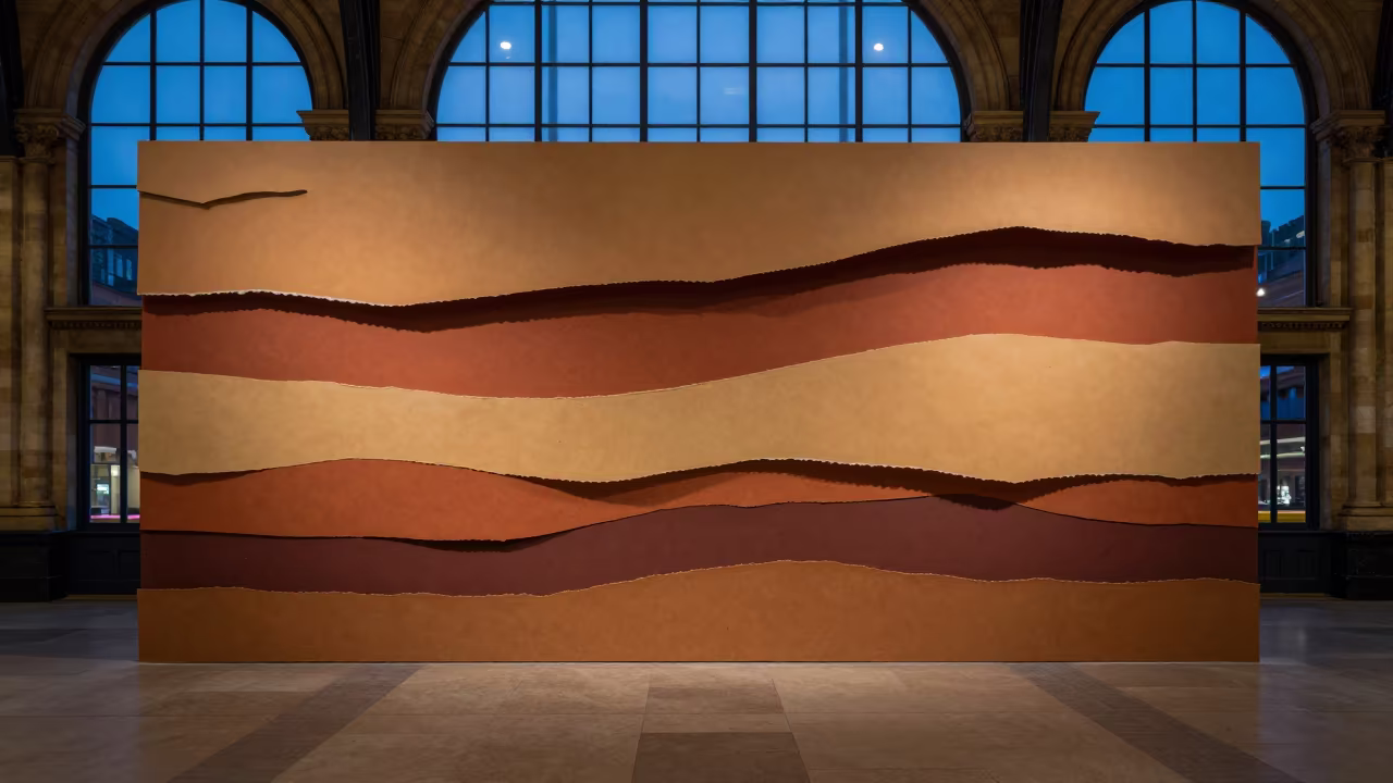 Layered Paper Study in Salford Terminal Twilight in inside a restored train terminal near Salford