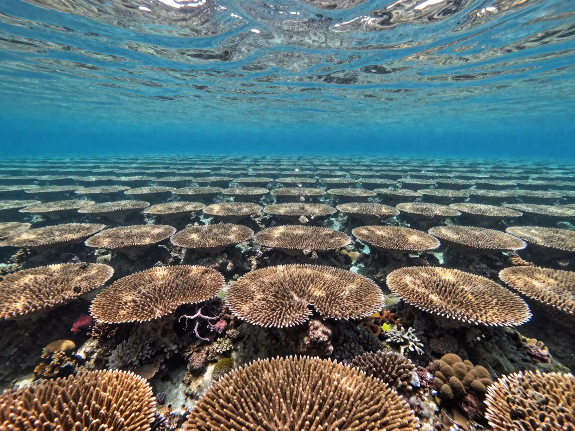 Layered Table Coral Garden with Duplicated Background Grid in along a coral wall with blue water beyond near Cairns