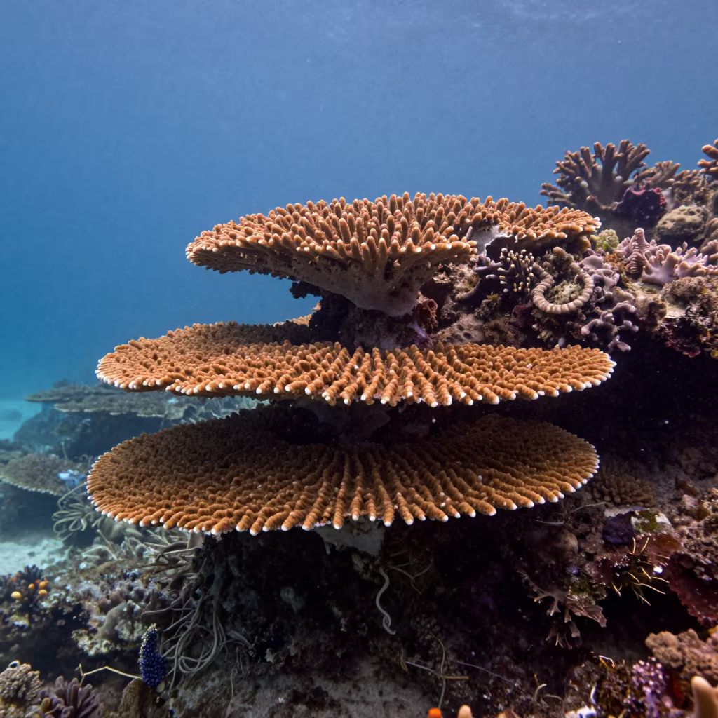Layered Table Corals in Evening Reef Light in beside a reef crevice under clear water near Stone Town