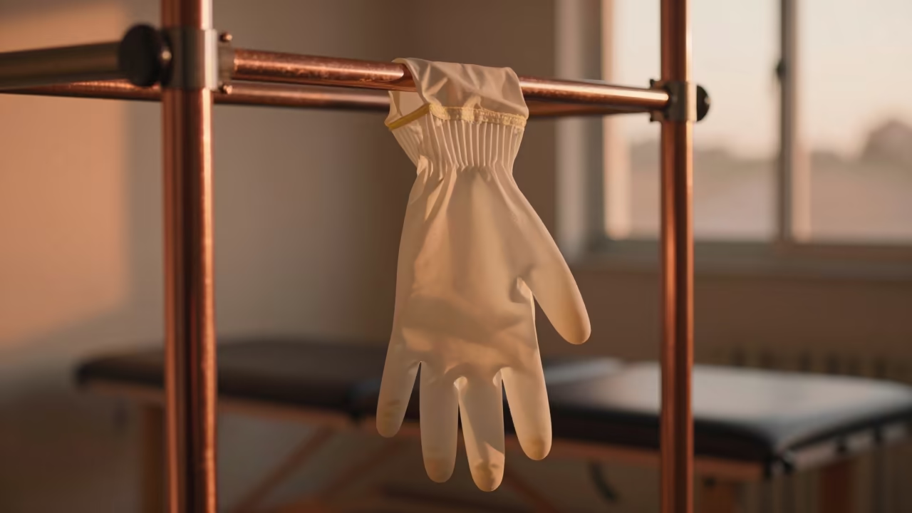 Lead Glove Hanger Before Clinic Turnover in inside a rehabilitation gym in Duékoué