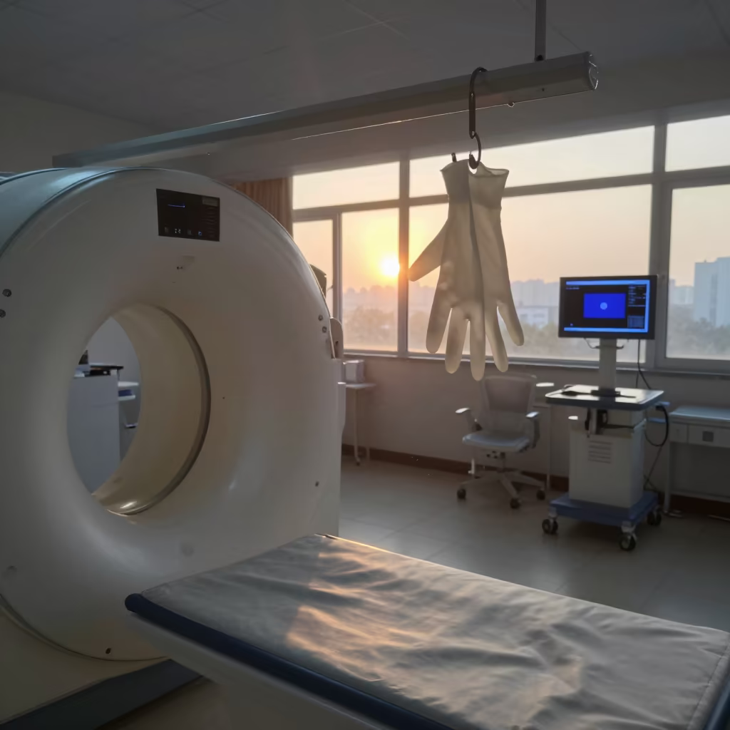 Lead Glove Hanger at Nurse Station Dawn in at a nurse station under monitor glow near Assilah
