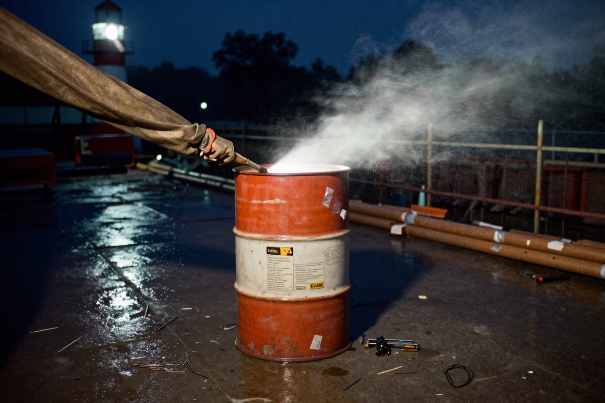 Lead Waste Drum on Monsoon Construction Deck in on an active construction deck near Sangli