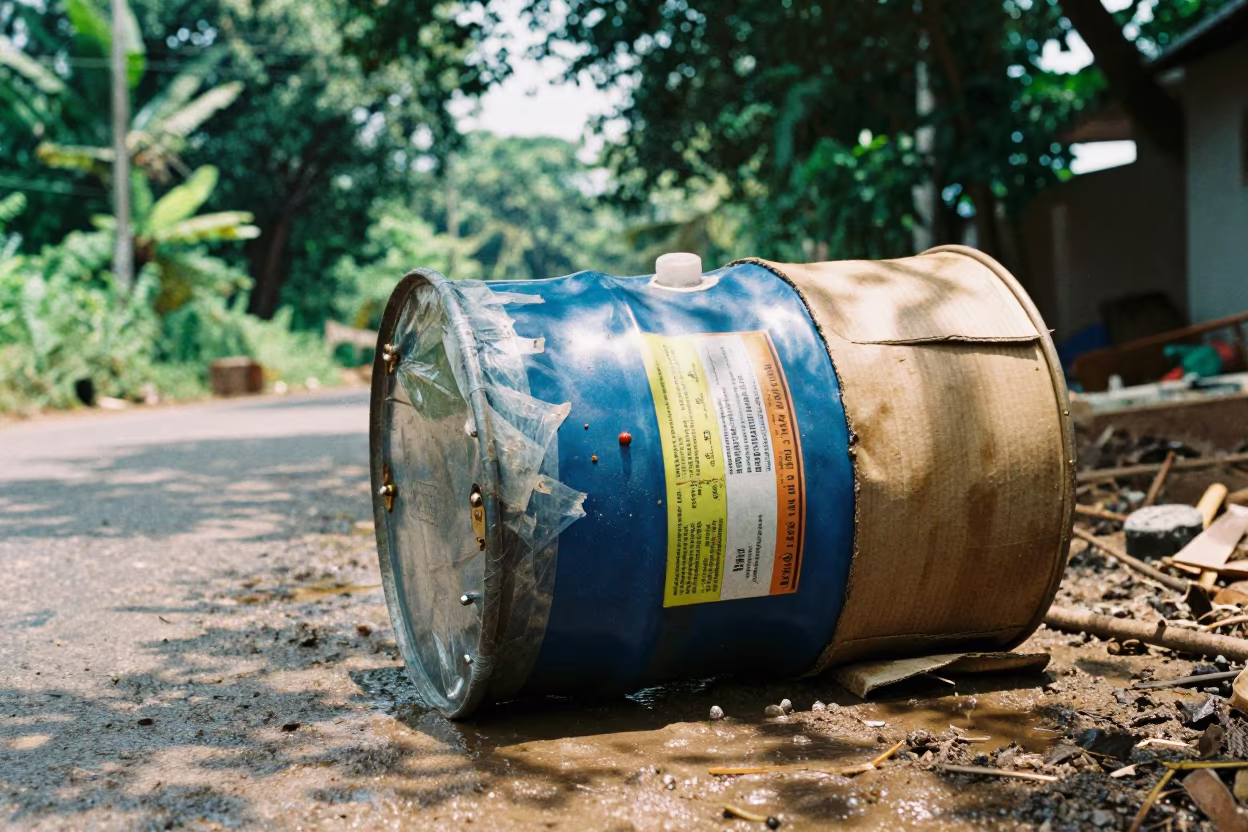 Lead Waste Drum on Monsoon Road Coimbatore in at a muddy site access road in Coimbatore