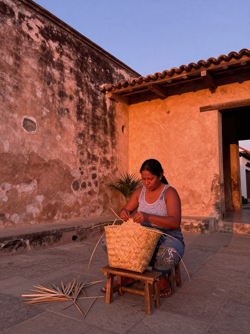 Leaf Basket in Cartagena at Copper-toned Light Before Dusk in in Cartagena, Colombia