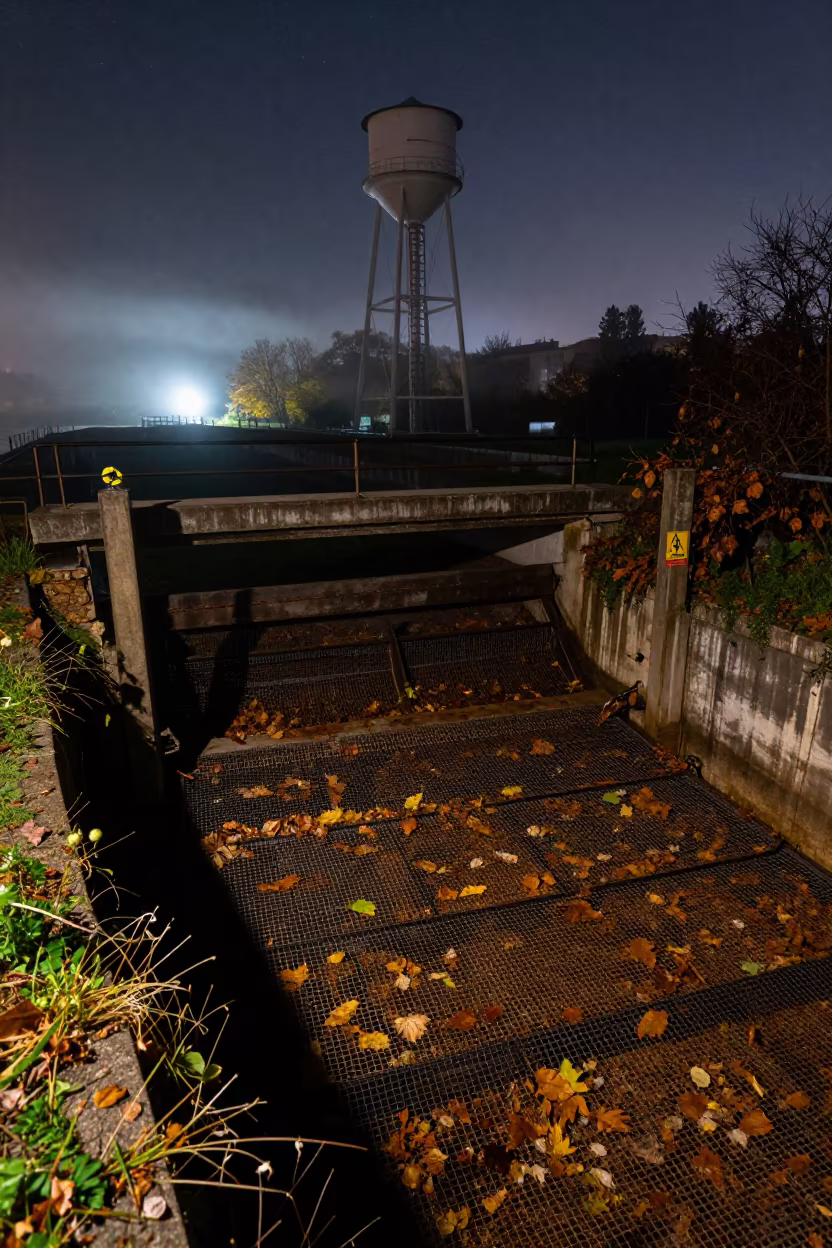 Leaf-Clogged Trash Rack Under Starlight Mist in beside a water tower ladder near Holon