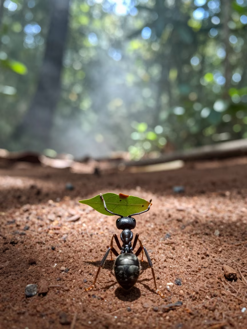 Leaf-cutter ant carries green cargo in Uganda in in Uganda