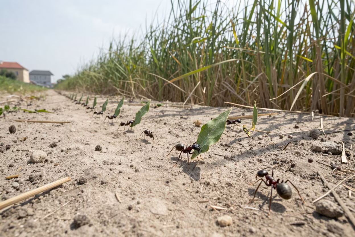 Leaf Cutter Ants Carry Green Cargo Near Warsaw Reed Bed in at the edge of a reed bed near Old Town, Warsaw