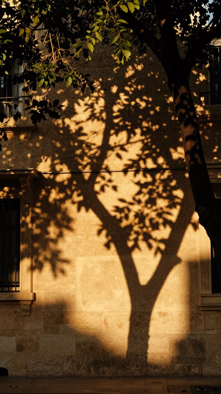 Leaf Shadows in Beirut at Honeyed Evening Light in in Beirut, Lebanon
