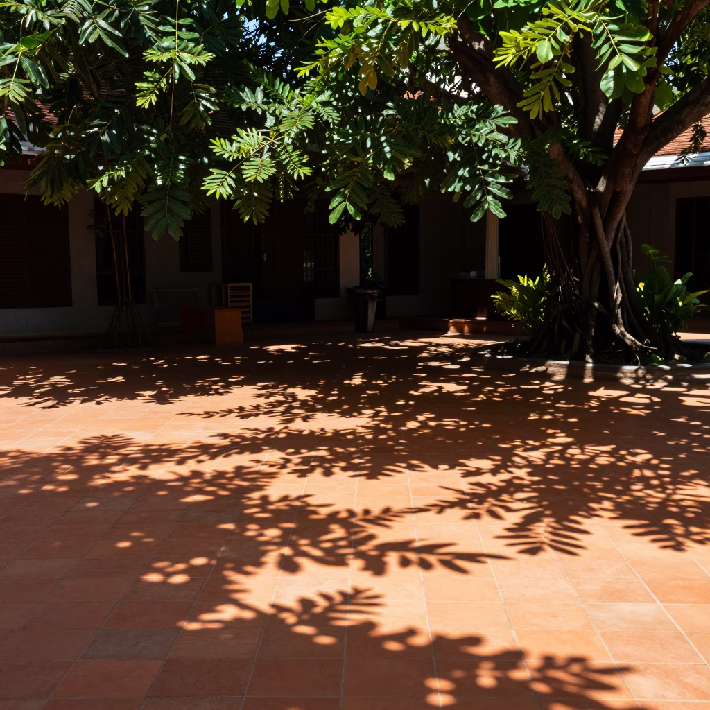 Leaf shadows on tile in a Phuket Thailand courtyard during bright midmorning light in in Phuket, Thailand