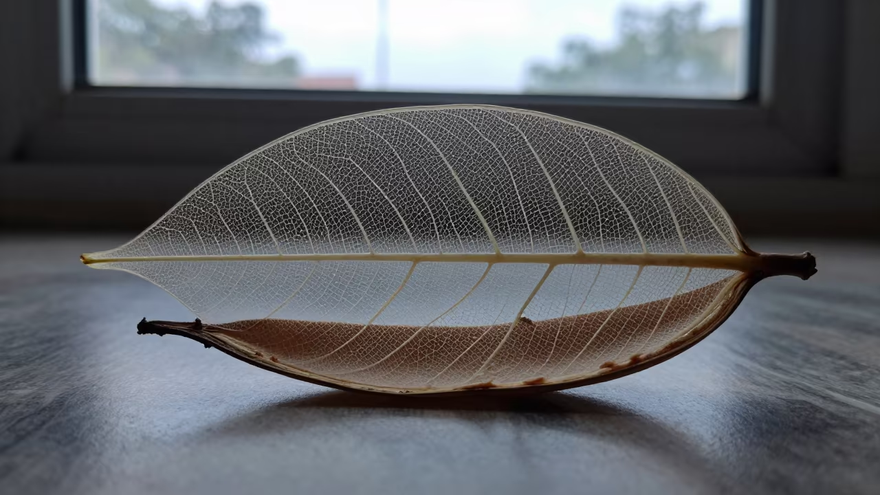 Leaf Skeleton in Split Seed Pod in inside a seed pod split open near Chennai
