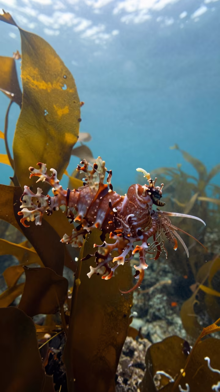 Leafy Sea Dragon Drifting Through Kelp Near Salvador in at the edge of a reed bed near Salvador