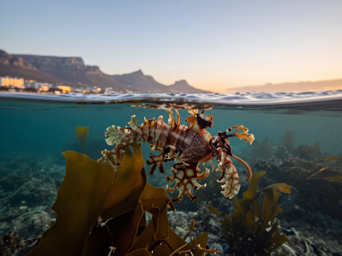 Leafy Sea Dragon Drifting in Kelp at Twilight in near Sea Point, Cape Town