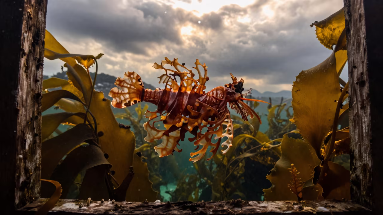 Leafy Sea Dragon Drifting Winter Kelp Busan in along a game trail near Busan