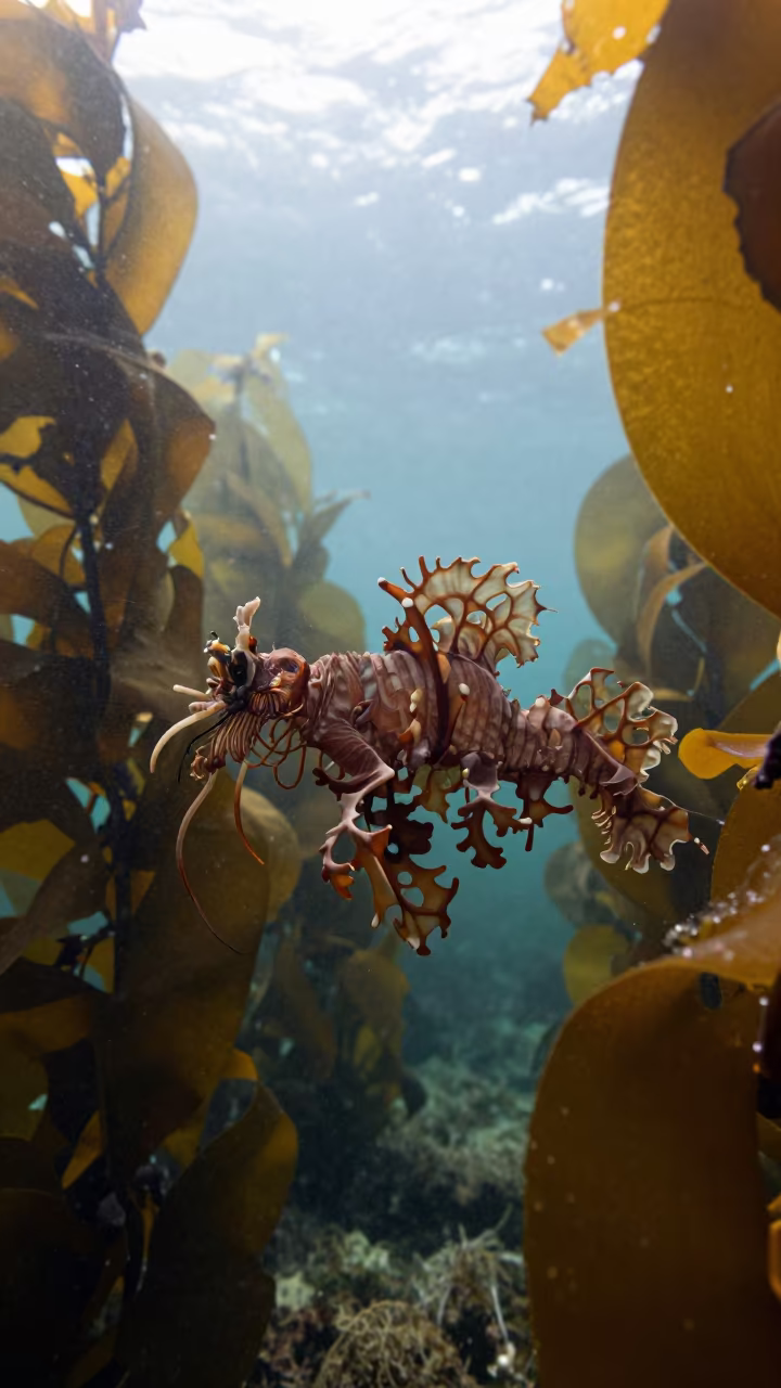 Leafy Sea Dragon Drifting Through Winter Kelp in near Naples