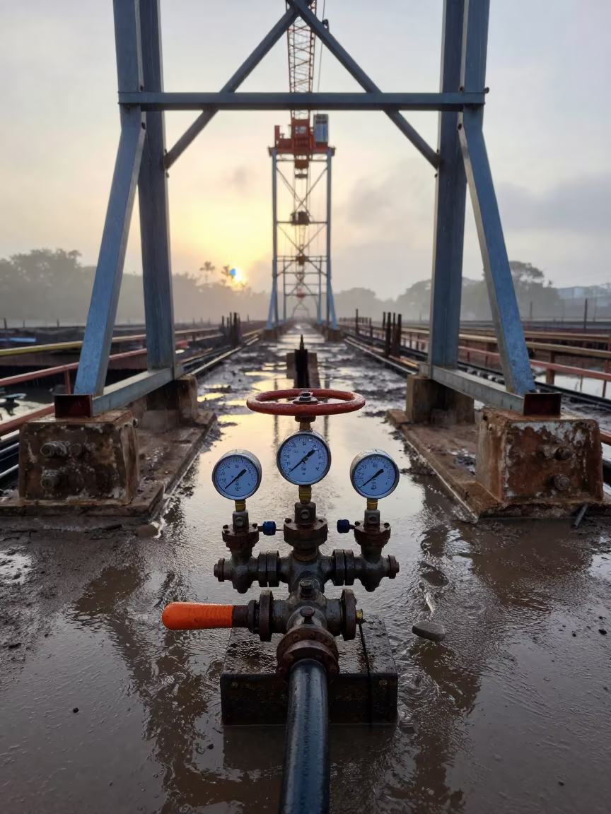 Leak Test Hose Manifold at Dawn in Santo Domingo in beneath a tower crane on open ground near Santo Domingo