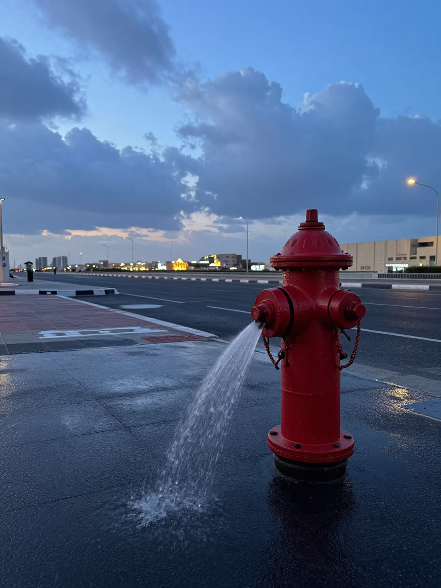 Leaking Hydrant on Ajman Asphalt in outside a metro entrance in Ajman