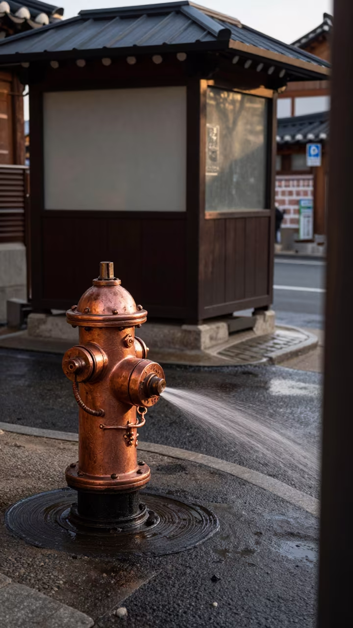 Leaking Hydrant in Bukchon Seoul Dusk in by a rain-darkened kiosk in Bukchon, Seoul