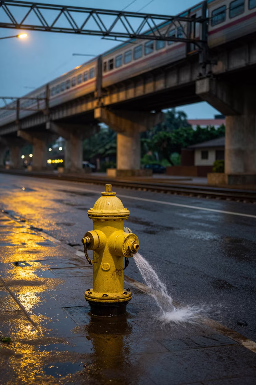 Leaking Hydrant Under Elevated Train Bamako Twilight in under an elevated train line in Bamako