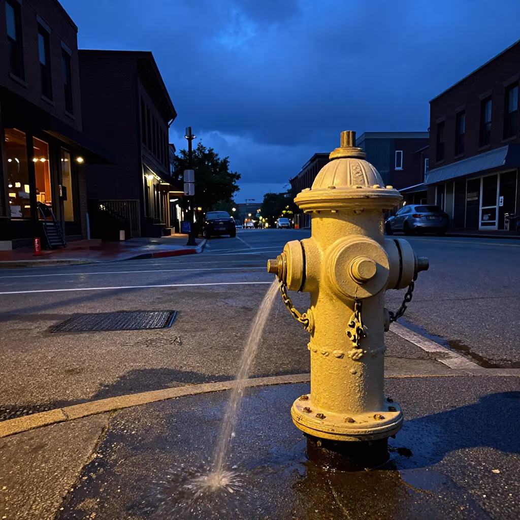 Leaking Hydrant in Nashville Evening Shadow in outside a corner cafe in Nashville