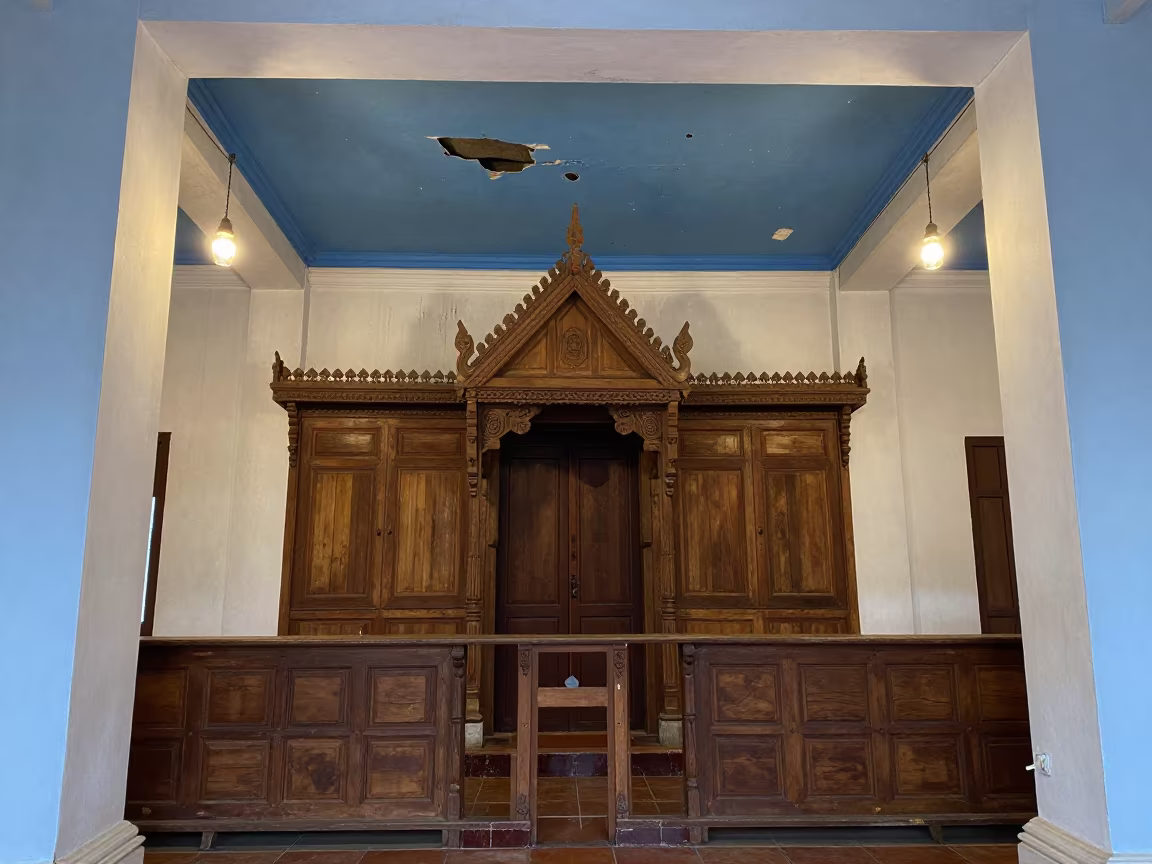 Leaking Wooden Synagogue Ceiling Vientiane in beneath a painted synagogue ceiling in Vientiane