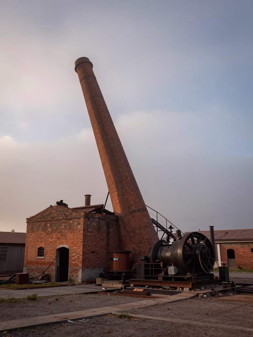 Leaning Brick Kiln Chimney at Dawn in on a factory floor near La Banda, Santiago del Estero