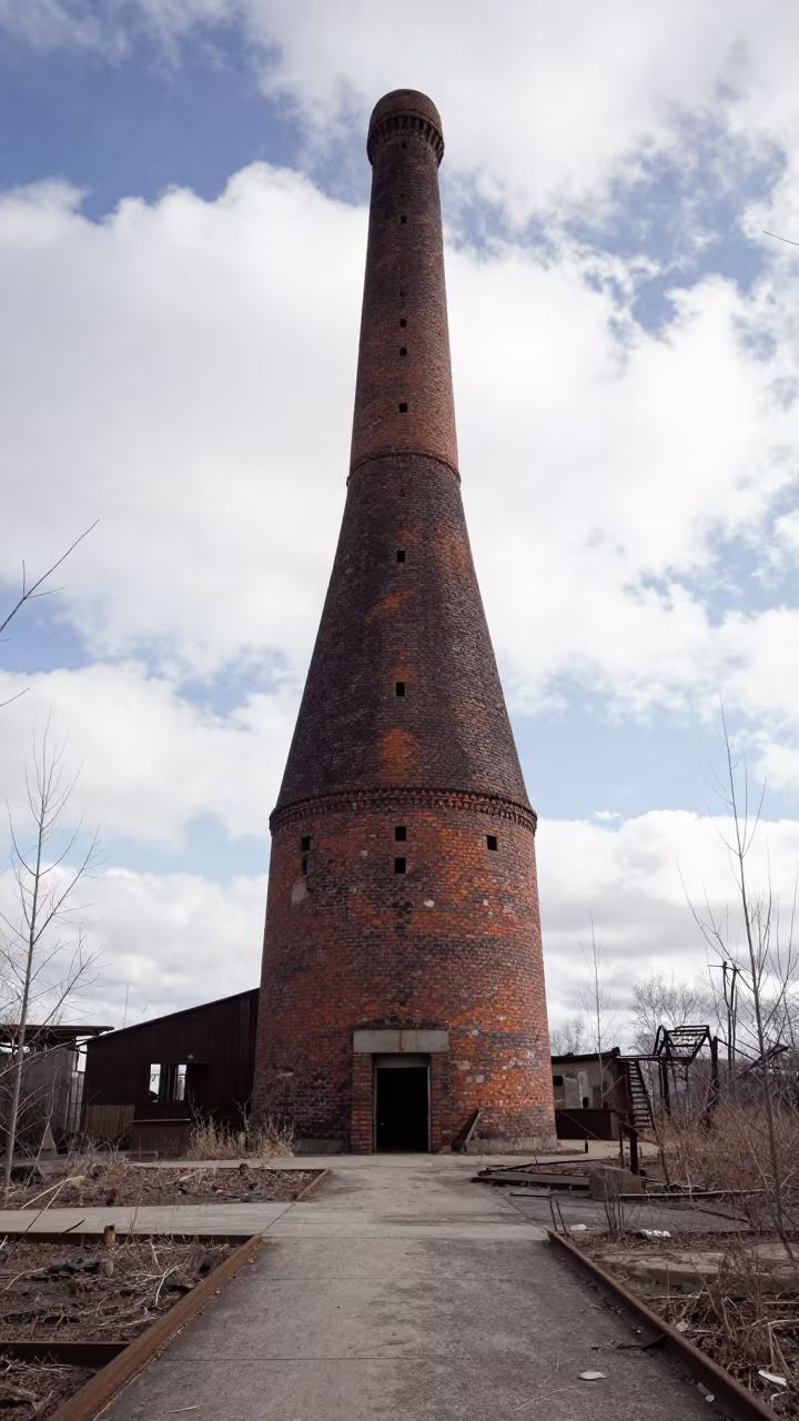 Leaning Brick Kiln Chimney in Raleigh Winter Bay in in a welding bay near Raleigh