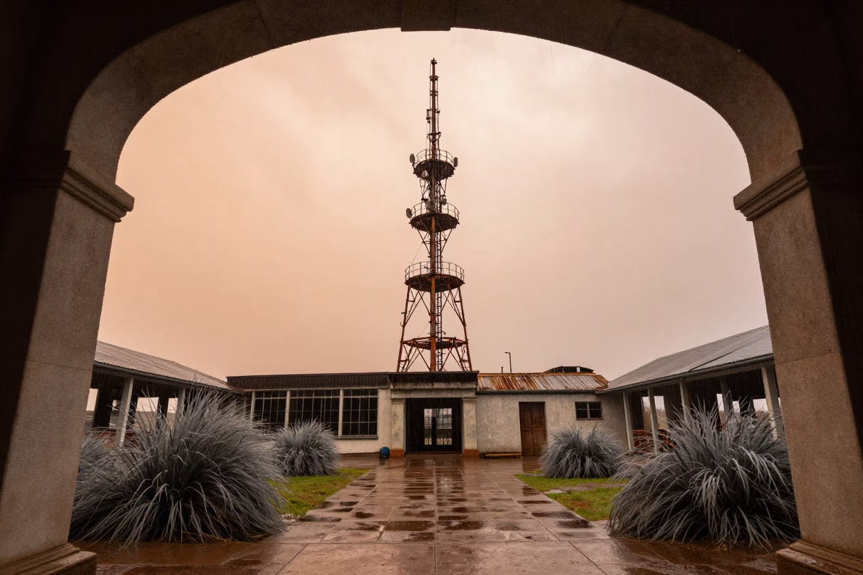 Leaning Broadcast Tower in Cape Town Rain in through a courtyard reclaimed by grasses near Cape Town