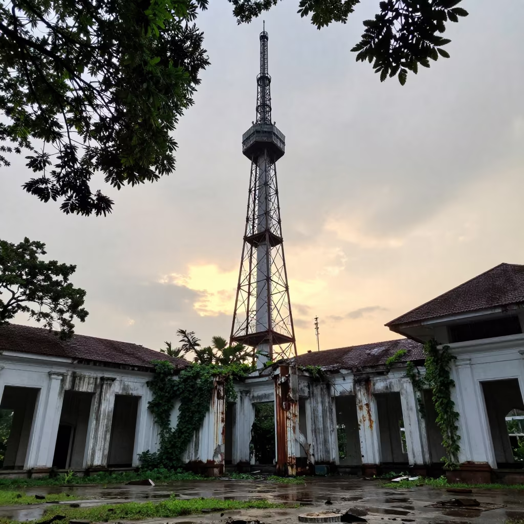 Leaning Broadcast Tower Silhouette Jakarta Ruins in among collapsed cloisters near Sudirman, Jakarta