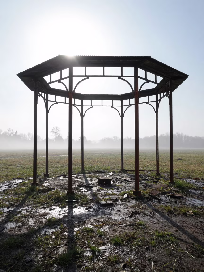 Leaning Iron Pillars in Slovenian Ruin in inside a roofless nave in Slovenia